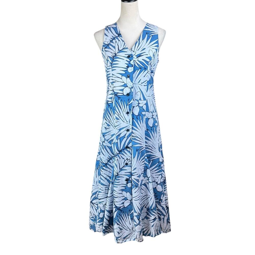 Talbots Vintage Blue Botanical Linen Cotton Sleeveless Fit & Flare Midi Dress